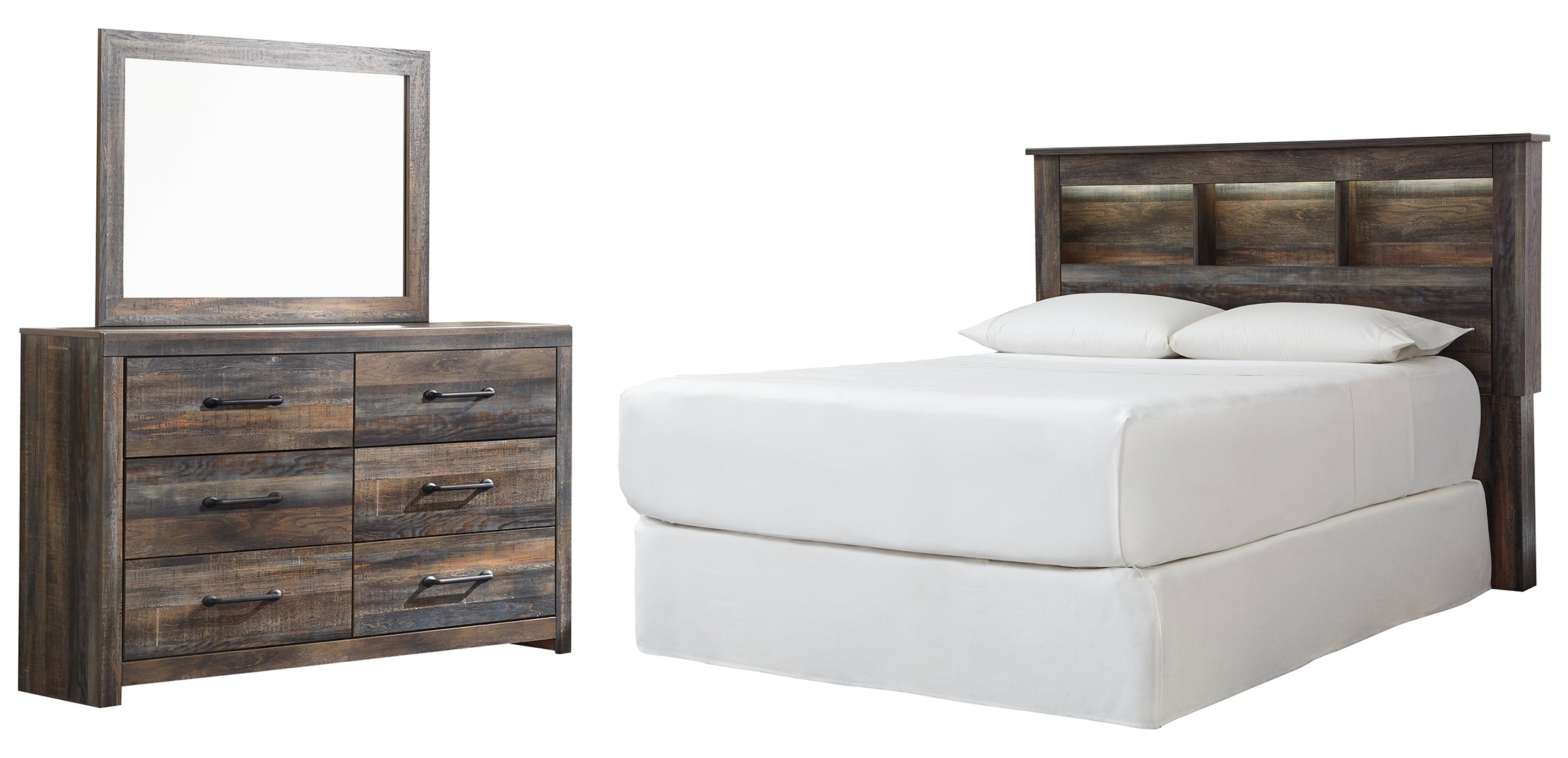 Drystan Queen/Full Bookcase Headboard Bed with Mirrored Dresser