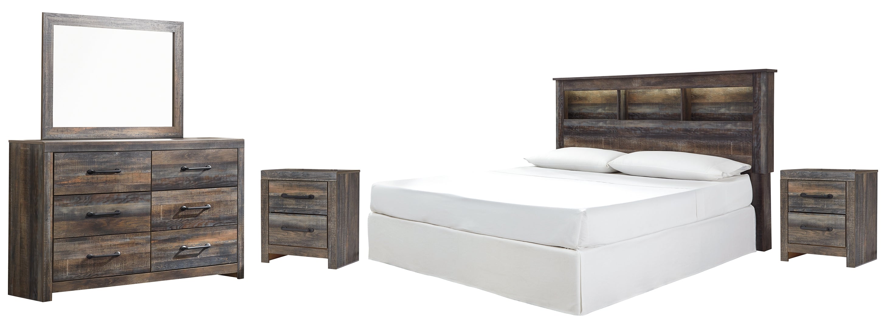 Drystan King/California King Bookcase Headboard Bed with Mirrored Dresser and 2 Nightstands