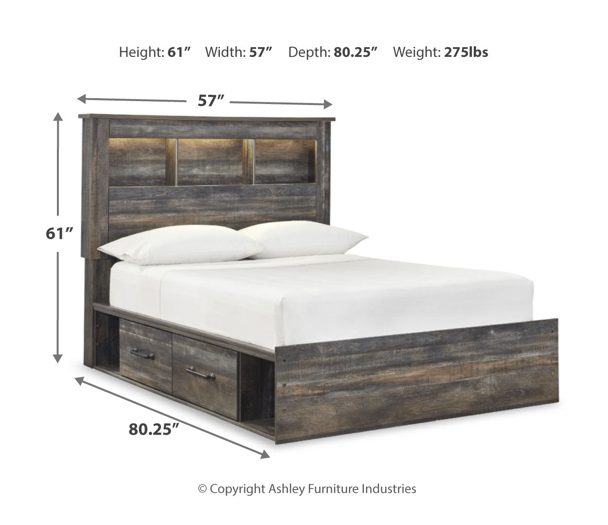 Drystan Full Bookcase Bed with 2 Storage Drawers with Mirrored Dresser, Chest and Nightstand