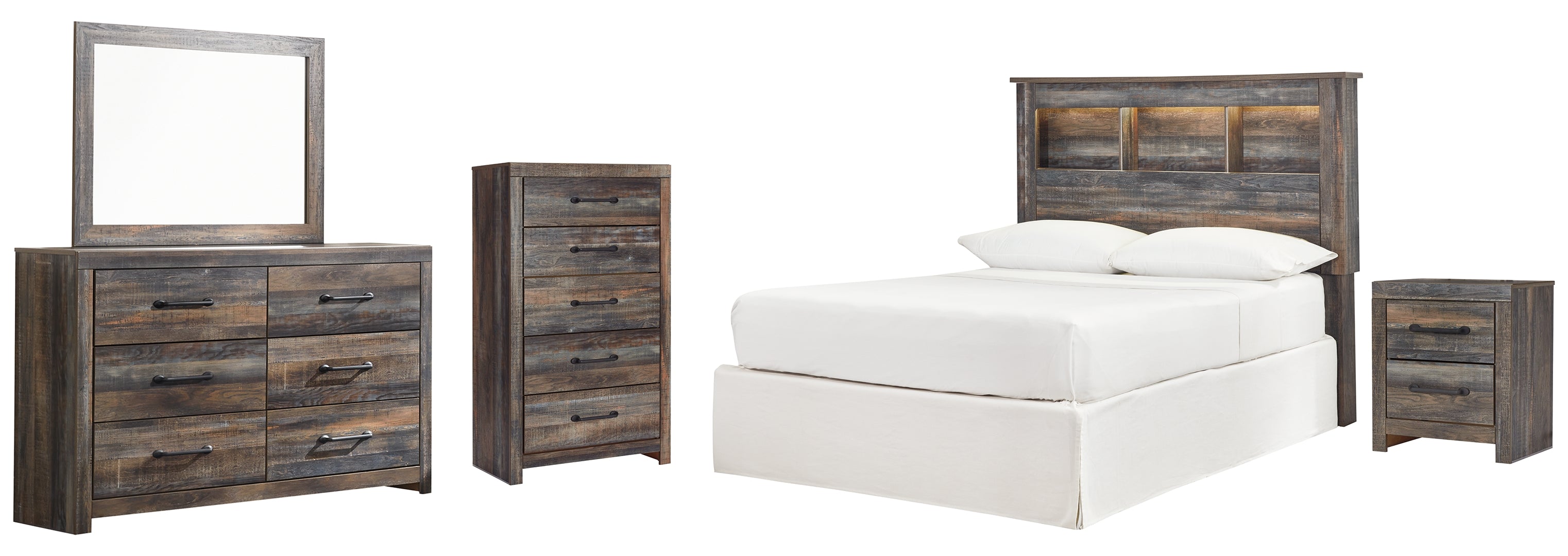 Drystan Full Bookcase Headboard Bed with Mirrored Dresser, Chest and Nightstand