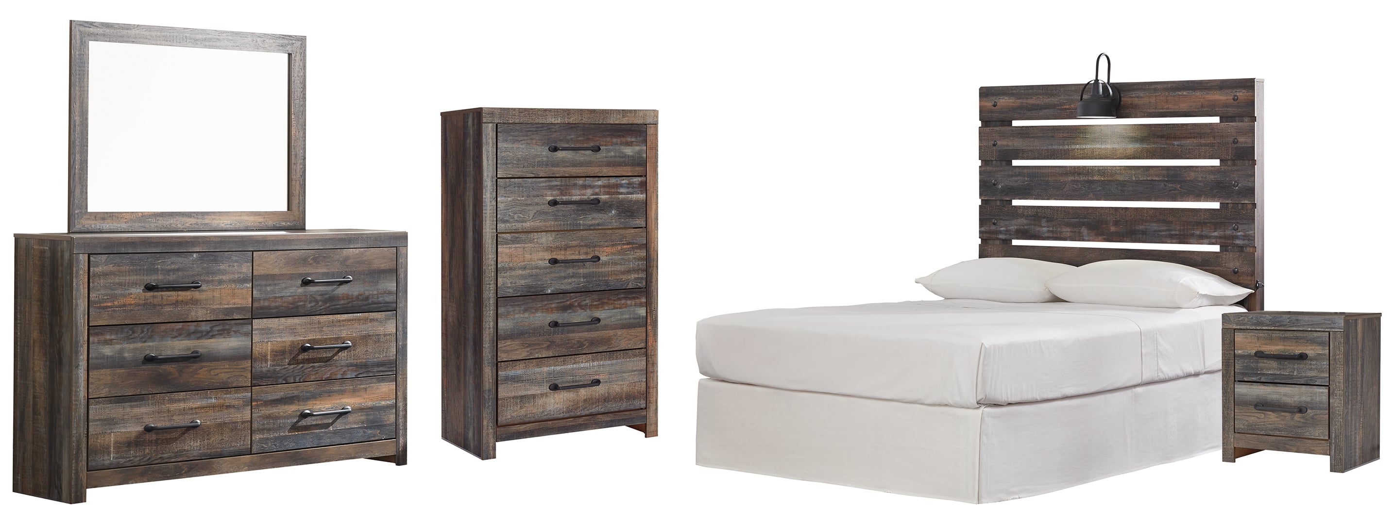 Drystan Full Panel Headboard Bed with Mirrored Dresser, Chest and Nightstand