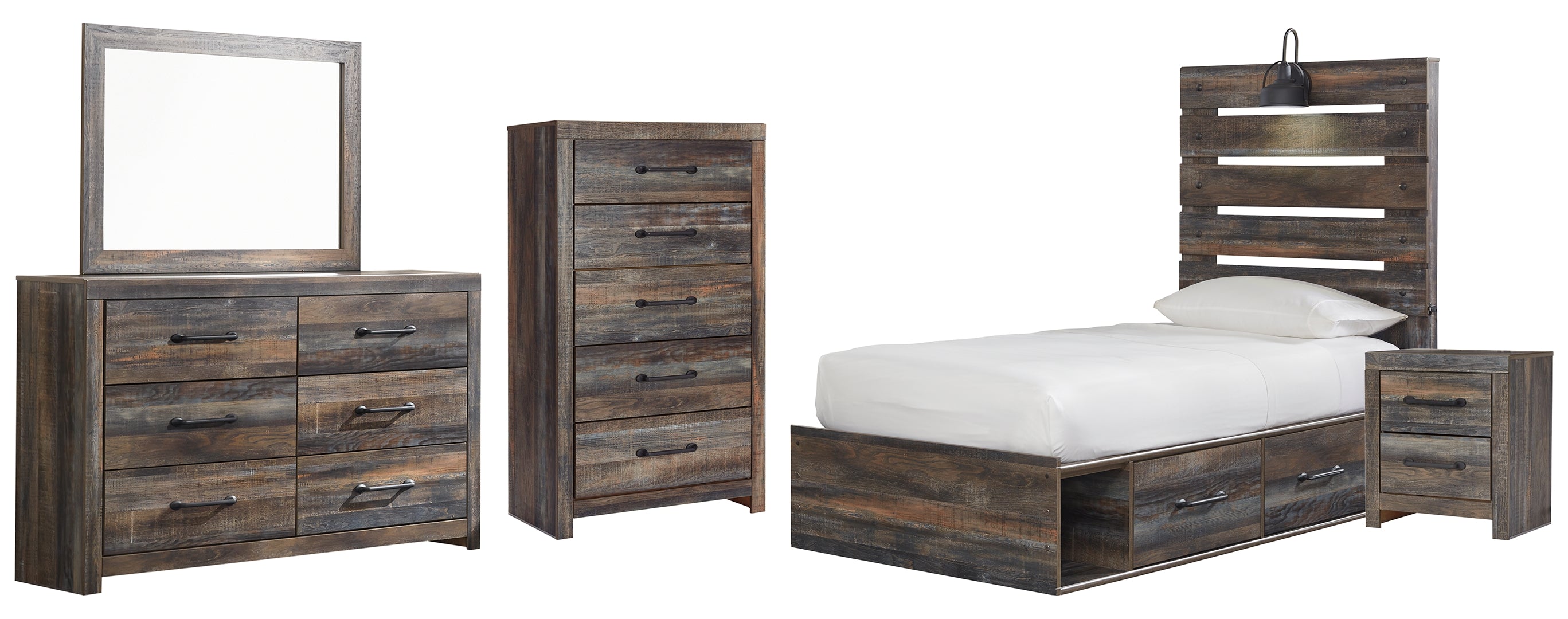 Drystan Twin Panel Bed with 4 Storage Drawers with Mirrored Dresser, Chest and Nightstand