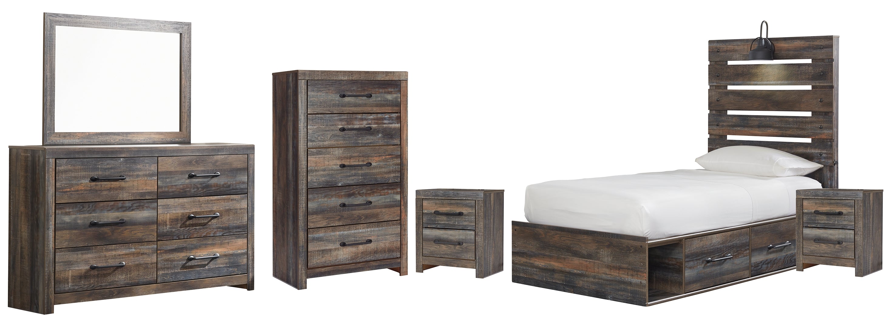 Drystan Twin Panel Bed with 4 Storage Drawers with Mirrored Dresser, Chest and 2 Nightstands