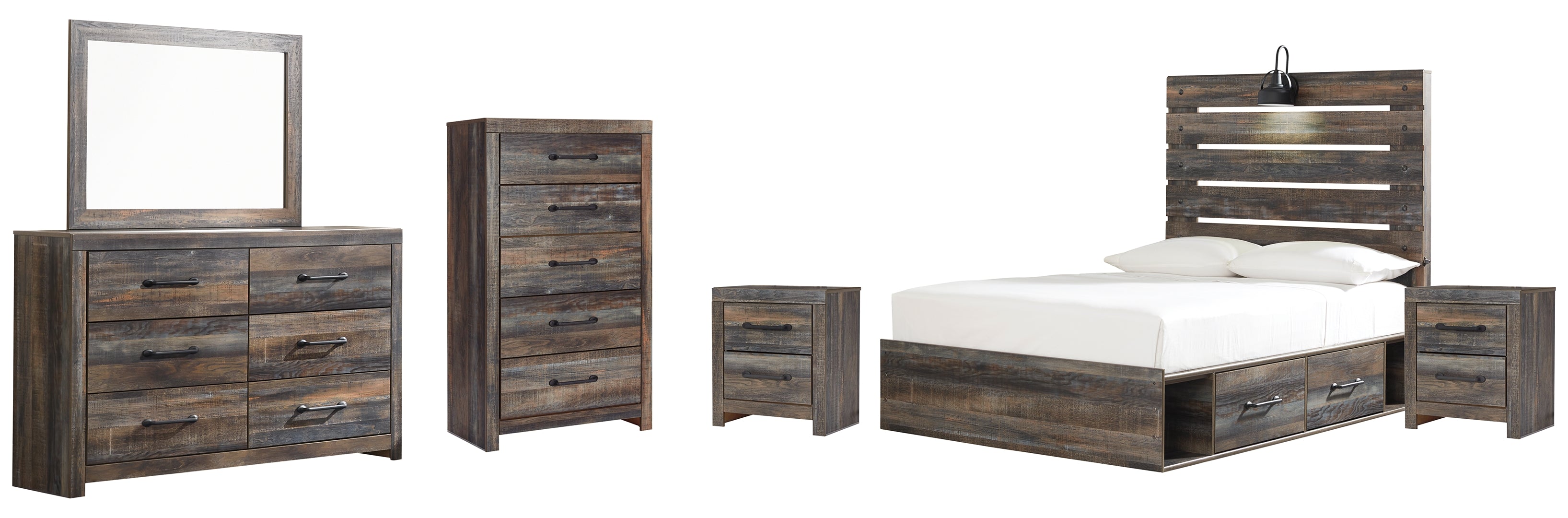 Drystan Full Panel Bed with 4 Storage Drawers with Mirrored Dresser, Chest and 2 Nightstands