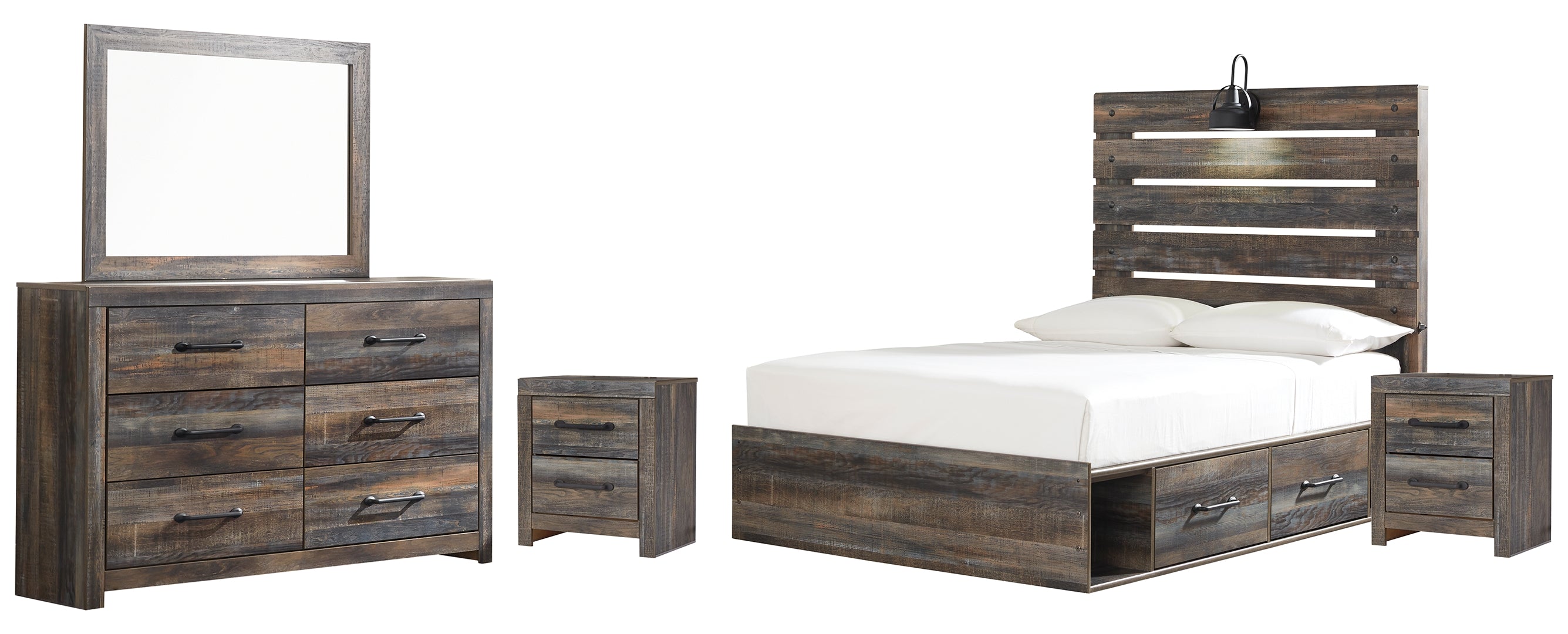 Drystan Full Panel Bed with 4 Storage Drawers with Mirrored Dresser and 2 Nightstands