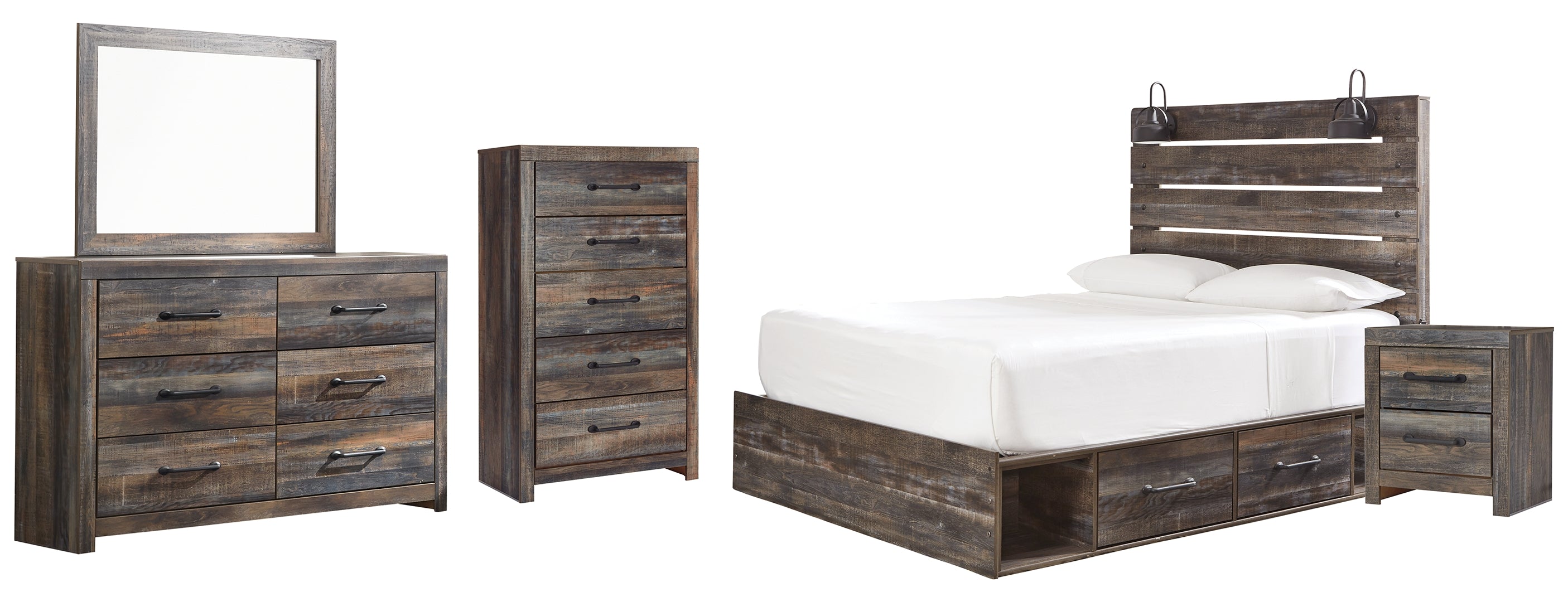 Drystan Queen Panel Bed with 4 Storage Drawers with Mirrored Dresser, Chest and Nightstand