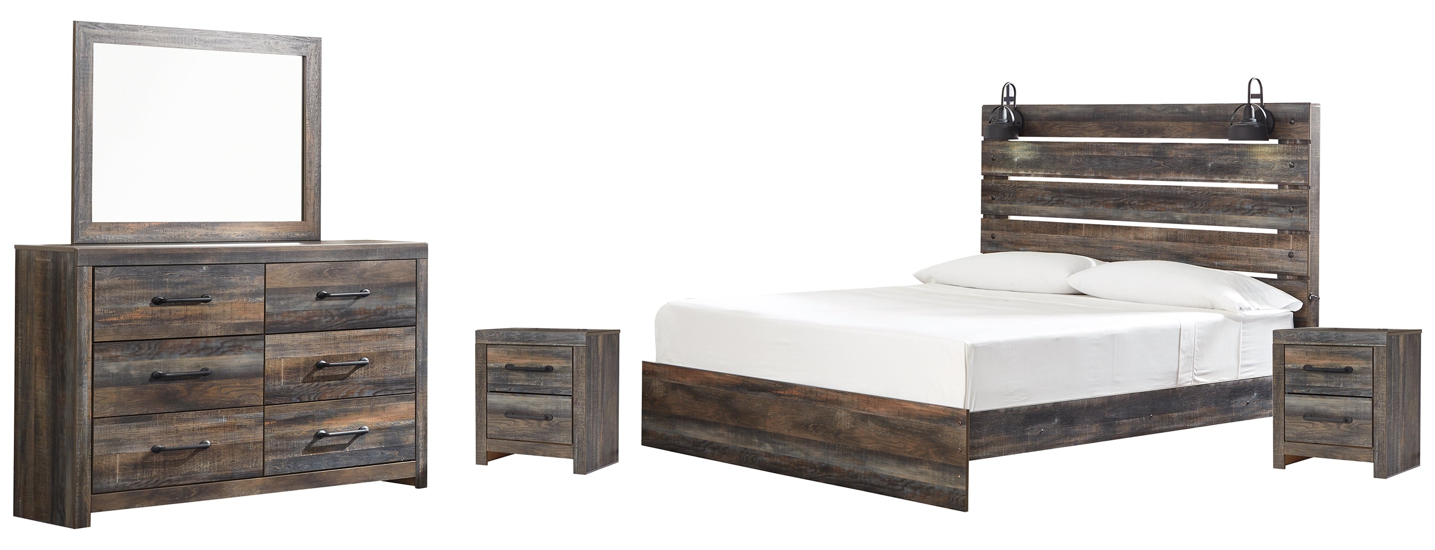 Drystan King Panel Bed with Mirrored Dresser and 2 Nightstands