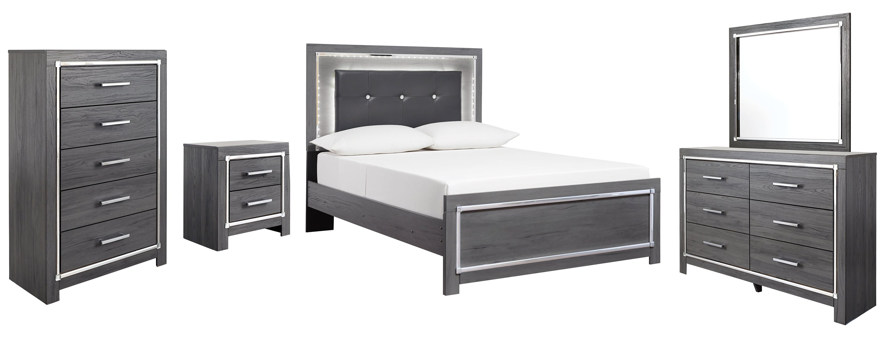 Lodanna Full Panel Bed with Mirrored Dresser, Chest and Nightstand