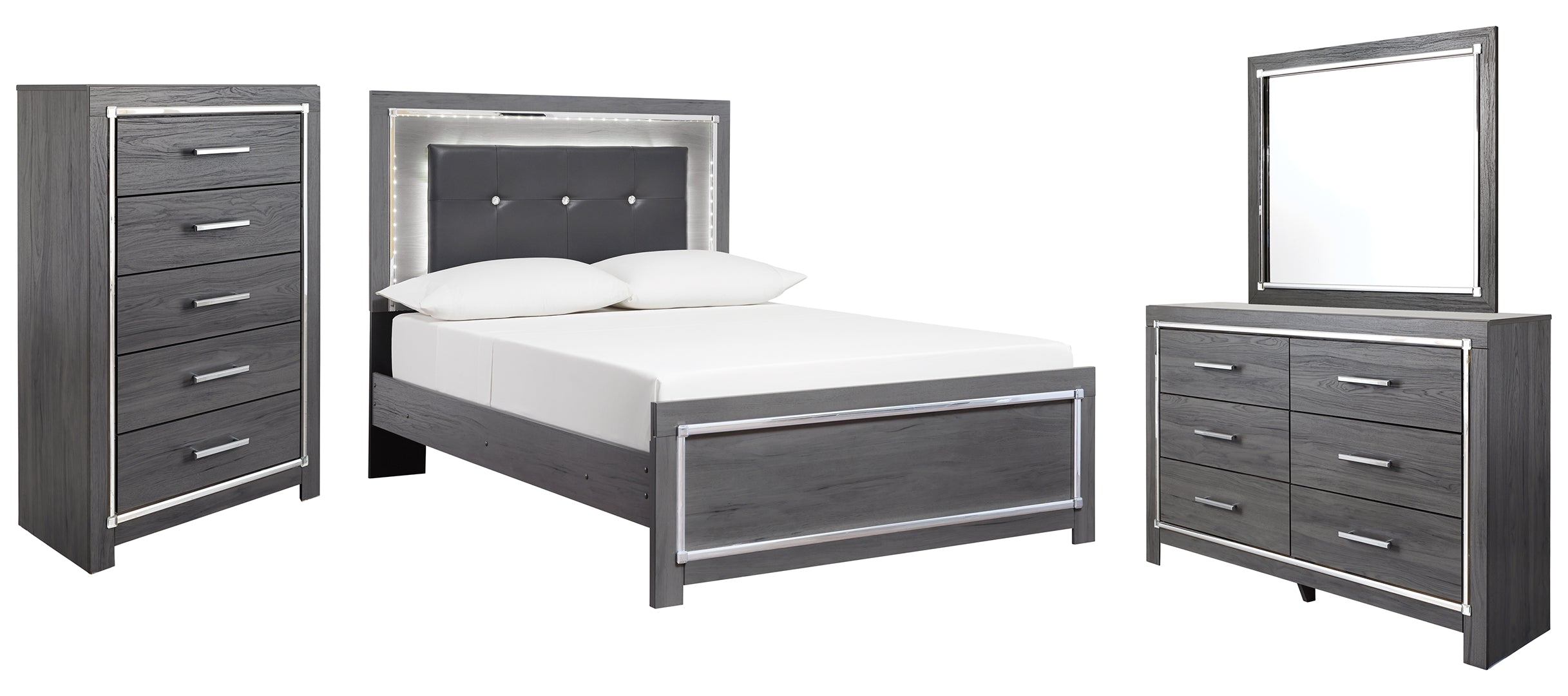 Lodanna Full Panel Bed with Mirrored Dresser and Chest