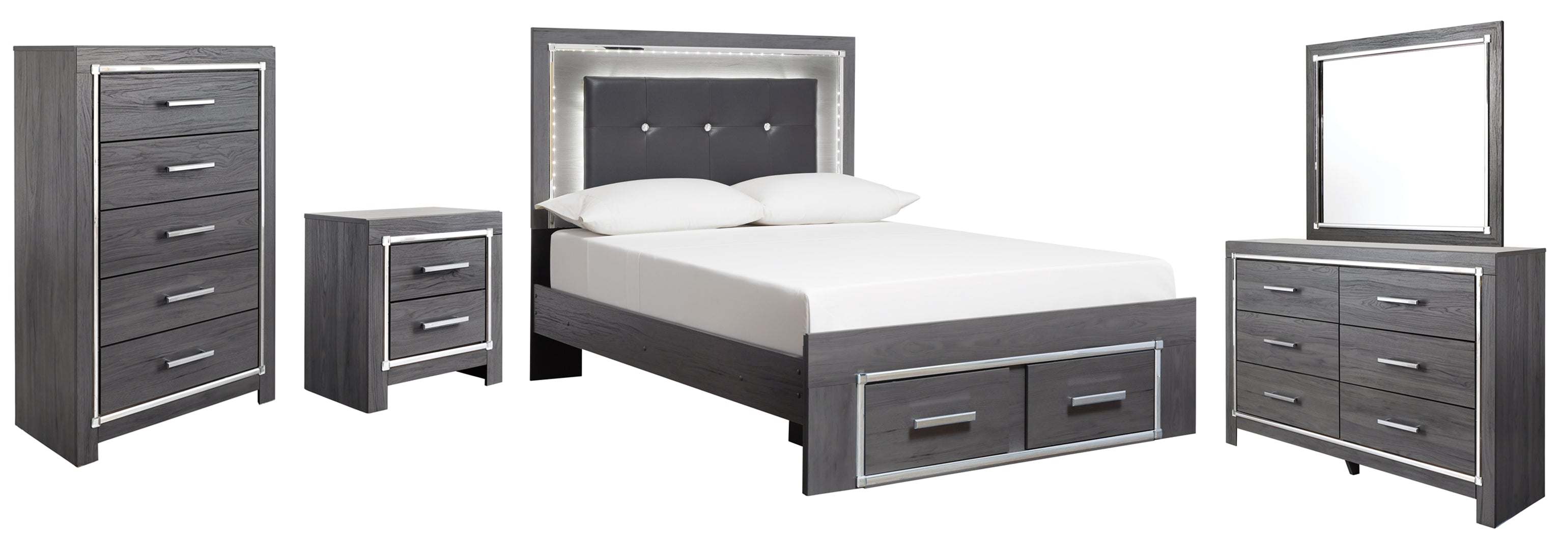 Lodanna Full Panel Bed with 2 Storage Drawers with Mirrored Dresser, Chest and Nightstand