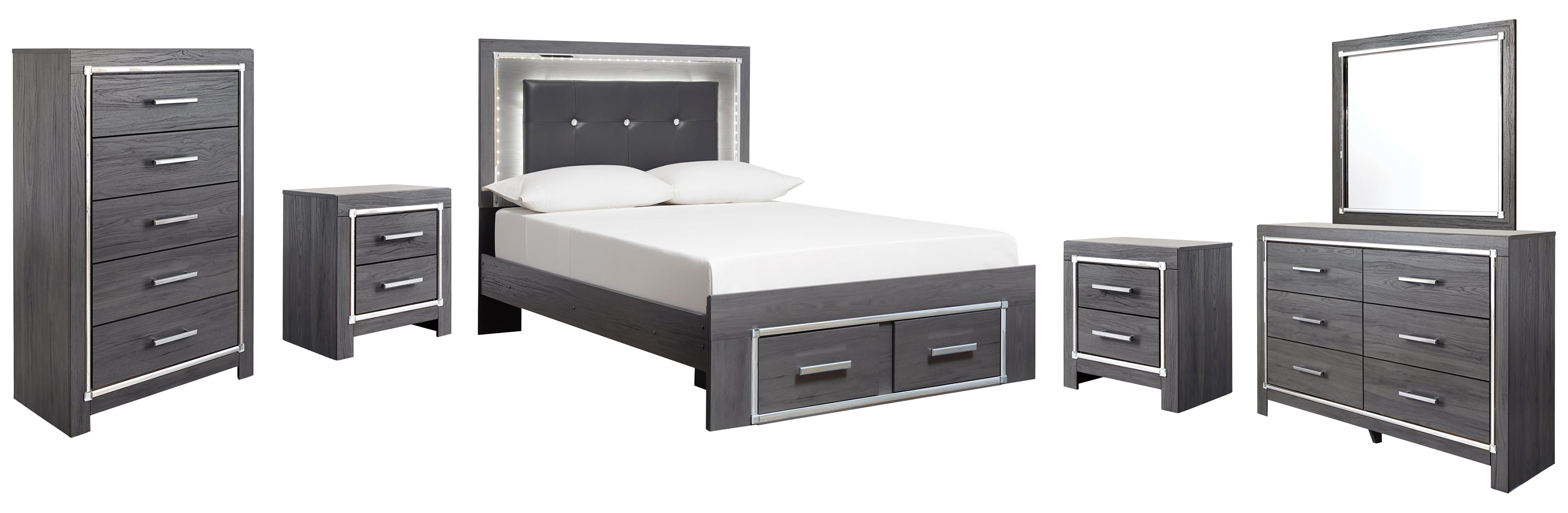 Lodanna Full Panel Bed with 2 Storage Drawers with Mirrored Dresser, Chest and 2 Nightstands