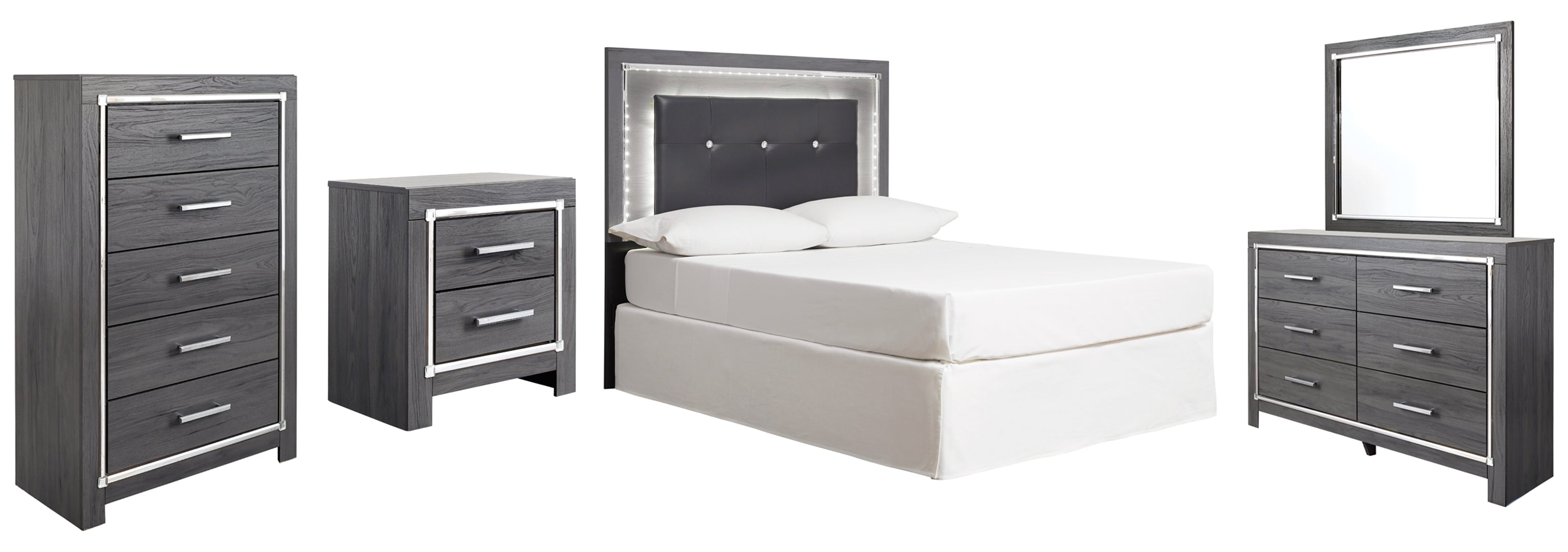 Lodanna Full Upholstered Panel Headboard Bed with Mirrored Dresser, Chest and Nightstand