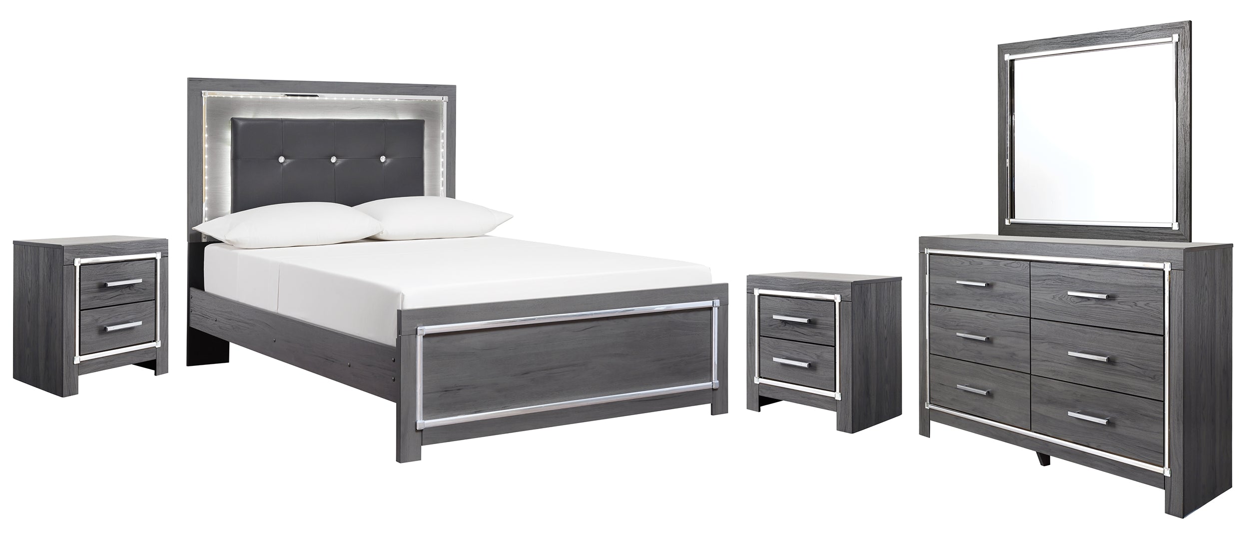 Lodanna Full Panel Bed with Mirrored Dresser and 2 Nightstands