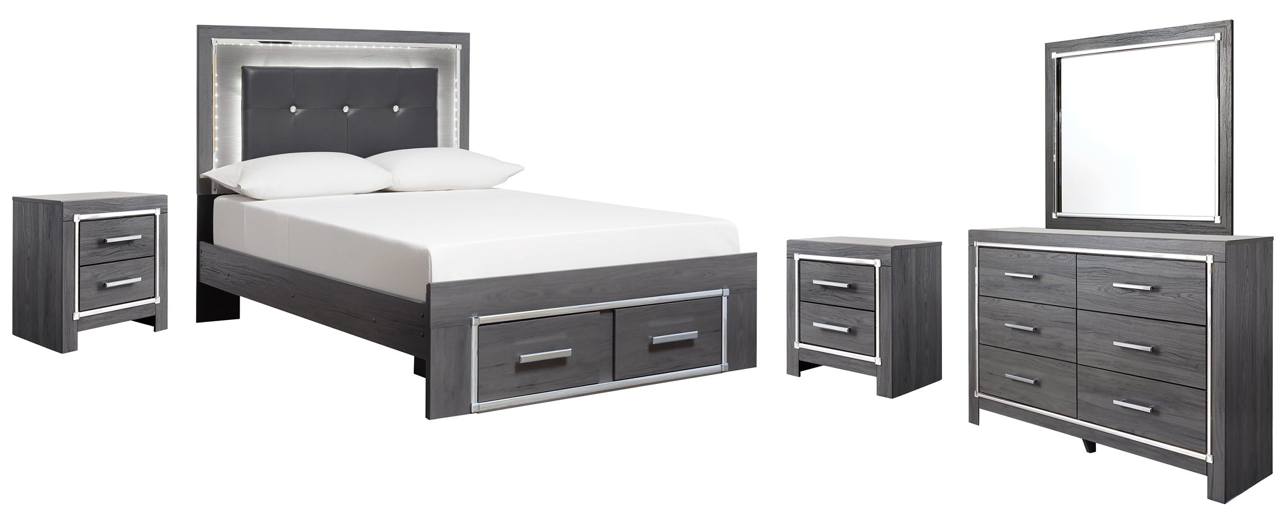 Lodanna Full Panel Bed with 2 Storage Drawers with Mirrored Dresser and 2 Nightstands