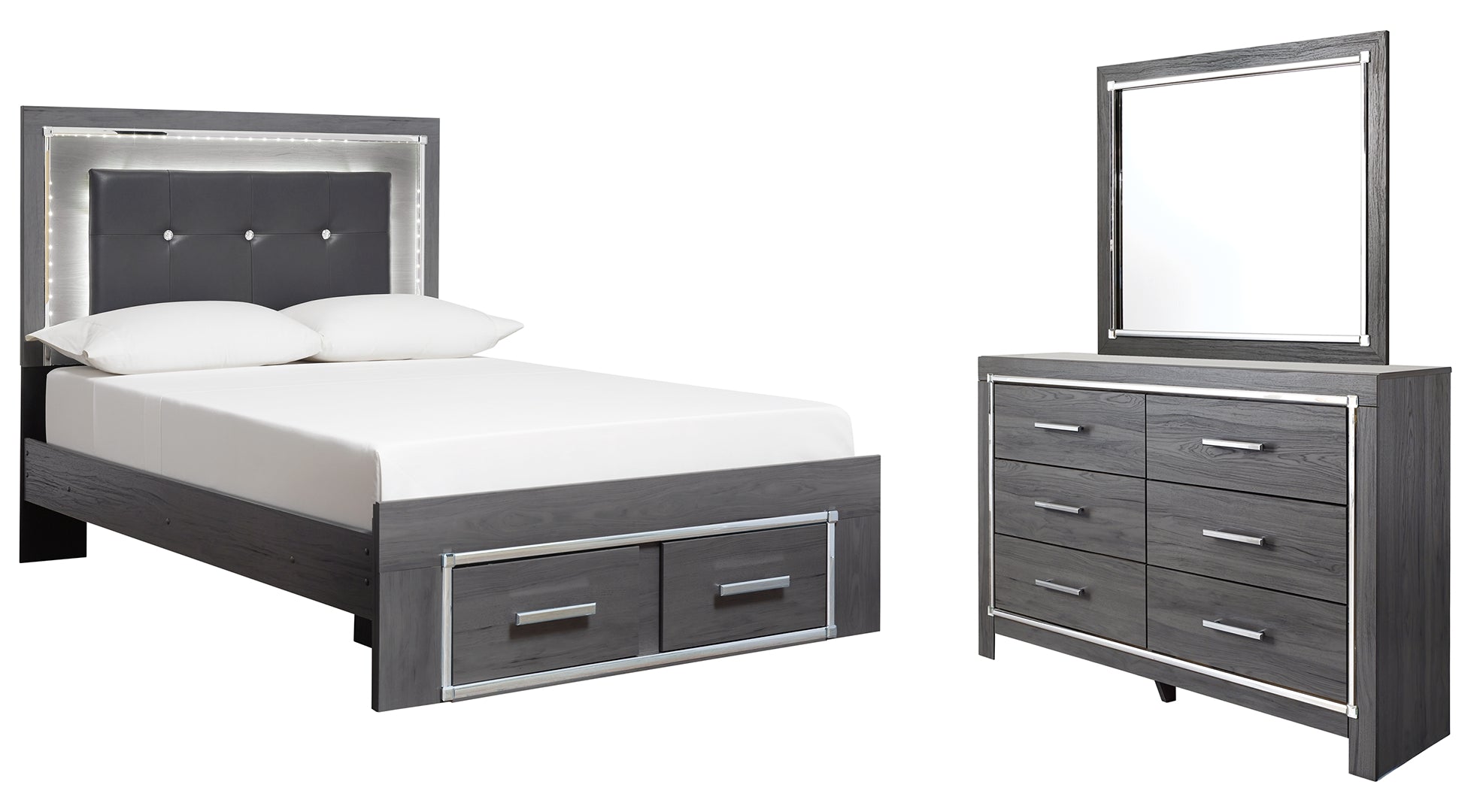 Lodanna Full Panel Bed with 2 Storage Drawers with Mirrored Dresser