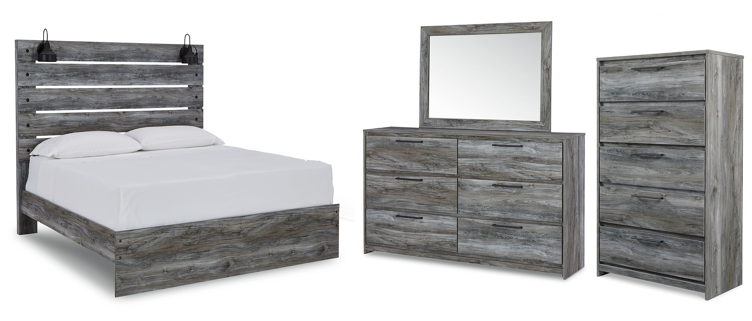 Baystorm Queen Panel Bed with Mirrored Dresser and Chest