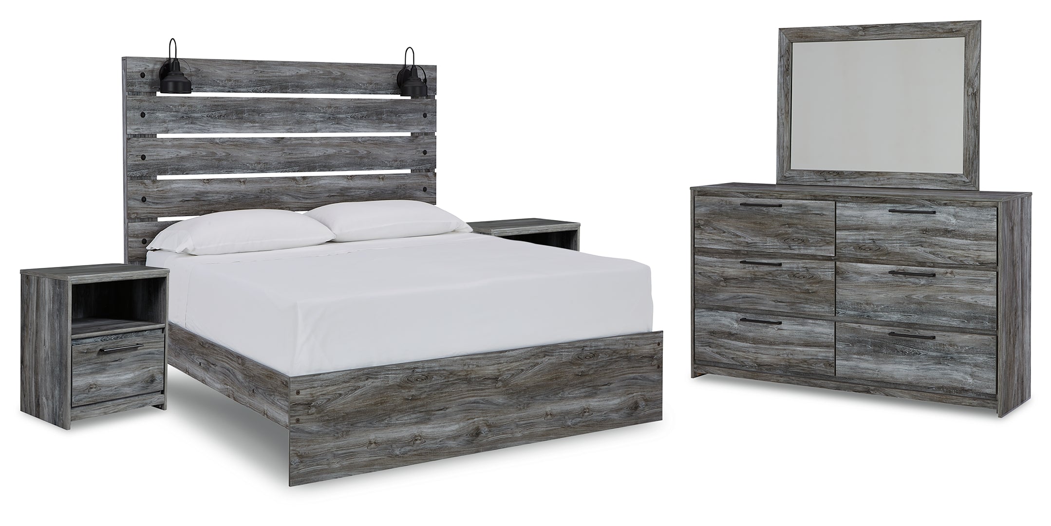 Baystorm Queen Panel Bed with Mirrored Dresser and 2 Nightstands