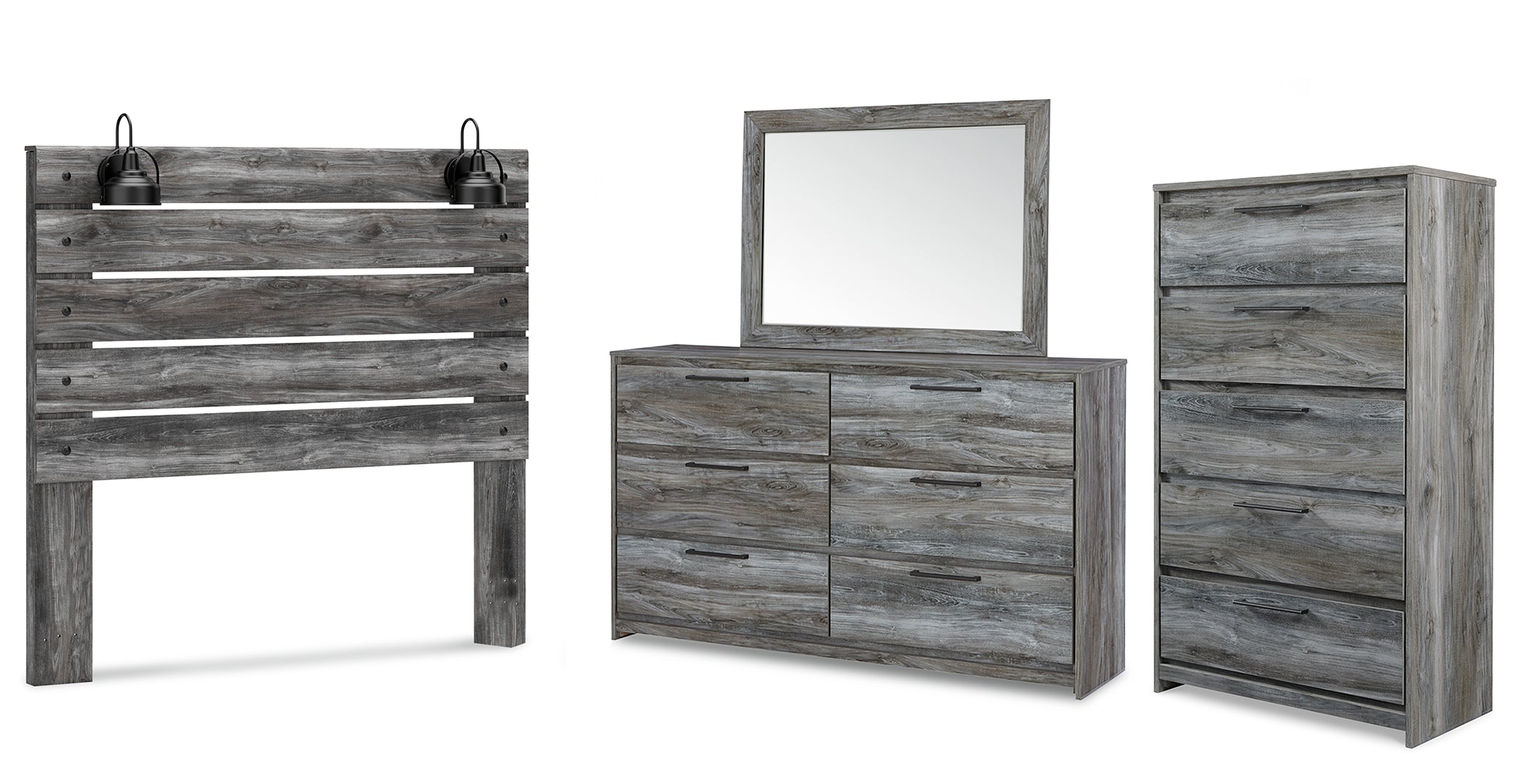 Baystorm Queen Panel Headboard with Mirrored Dresser and Chest