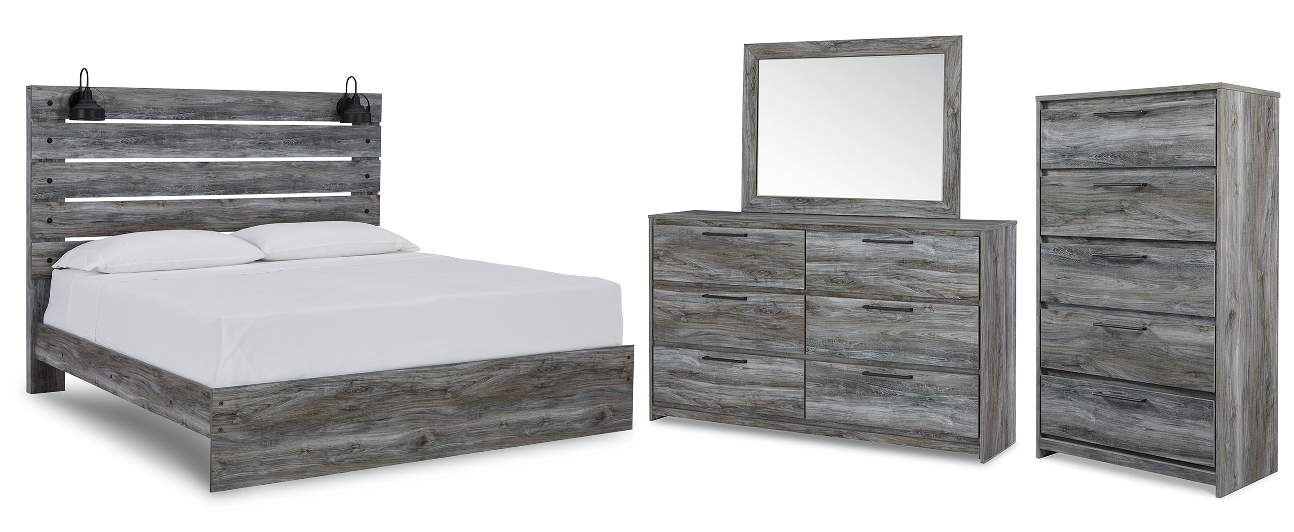 Baystorm King Panel Bed with Mirrored Dresser and Chest