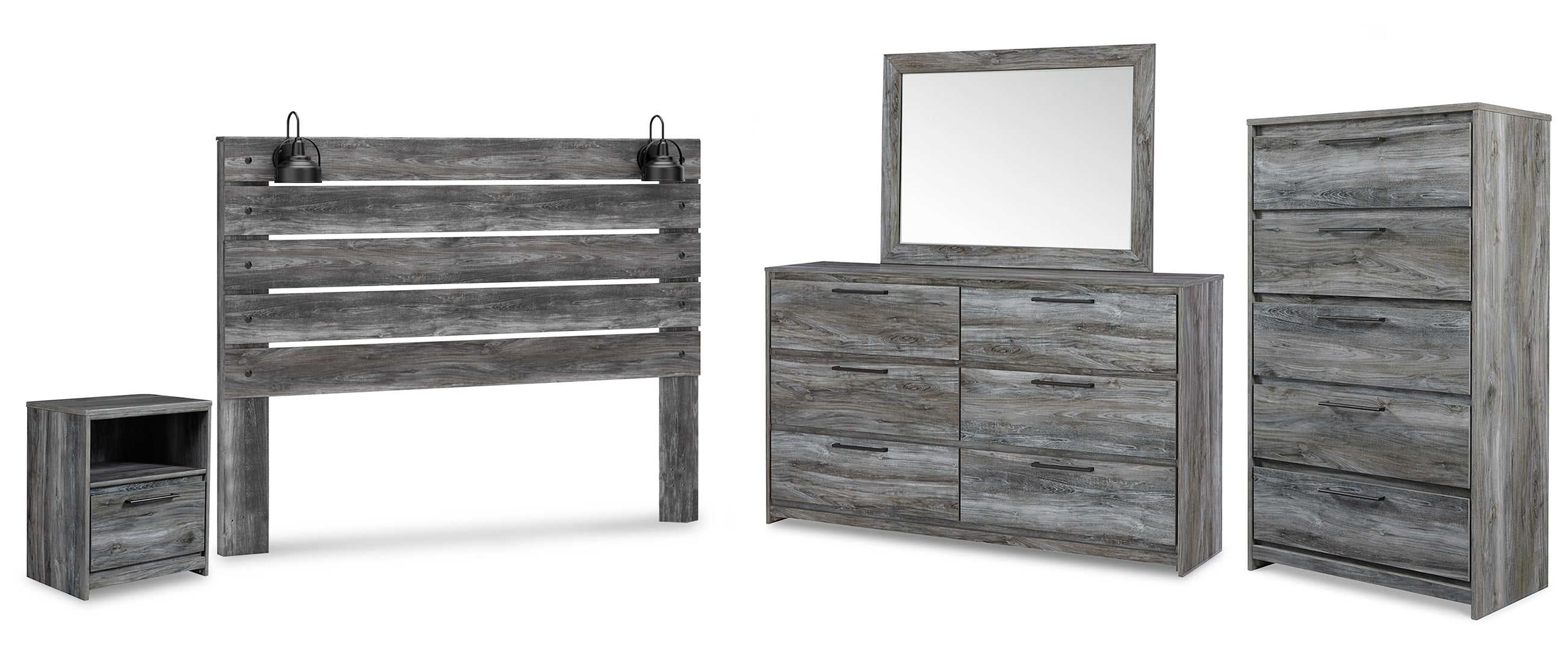 Baystorm King Panel Headboard with Mirrored Dresser, Chest and Nightstand