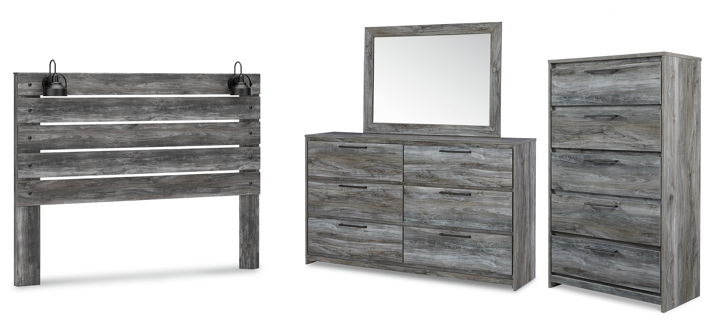 Baystorm King Panel Headboard with Mirrored Dresser and Chest