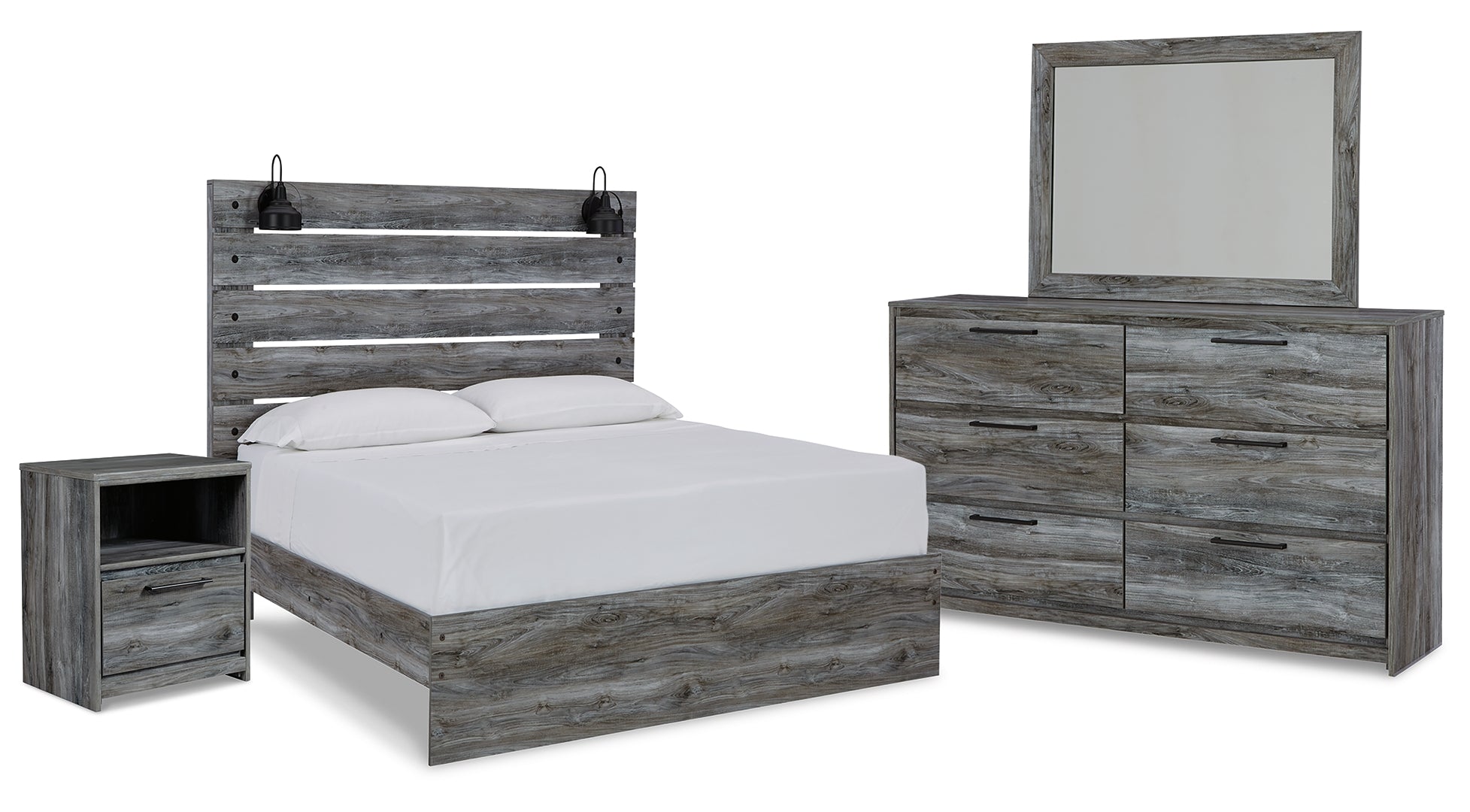 Baystorm Queen Panel Bed with Mirrored Dresser and Nightstand