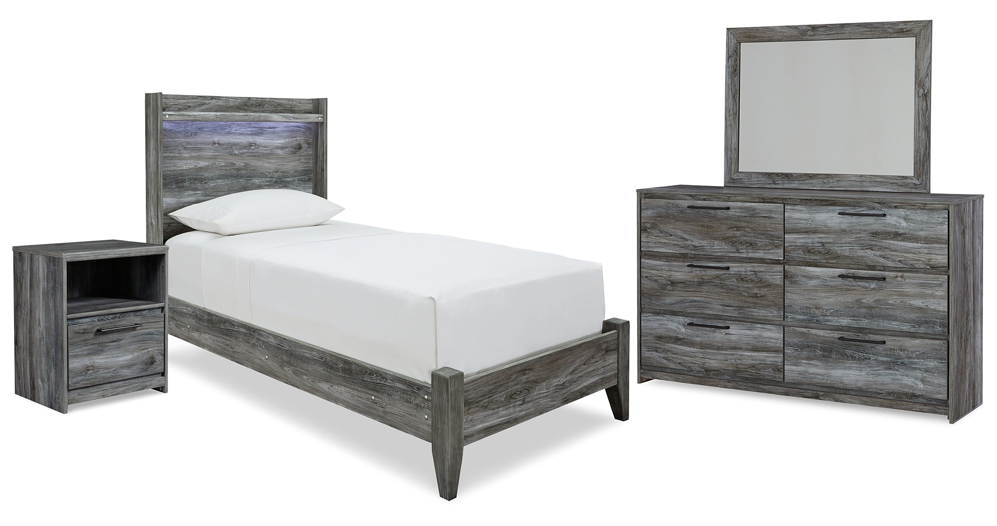 Baystorm Twin Panel Bed with Mirrored Dresser and Nightstand