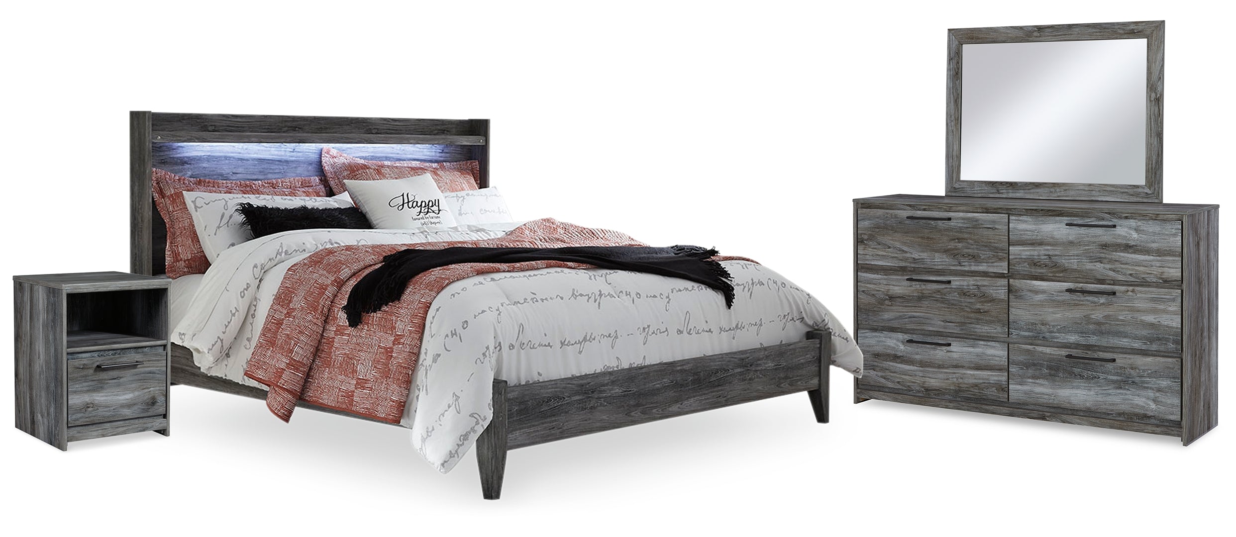 Baystorm King Panel Bed with Mirrored Dresser and Nightstand