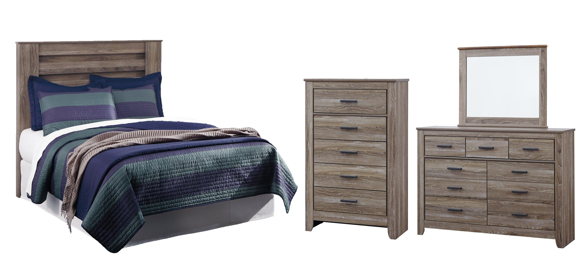 Zelen Full Panel Headboard Bed with Mirrored Dresser and Chest