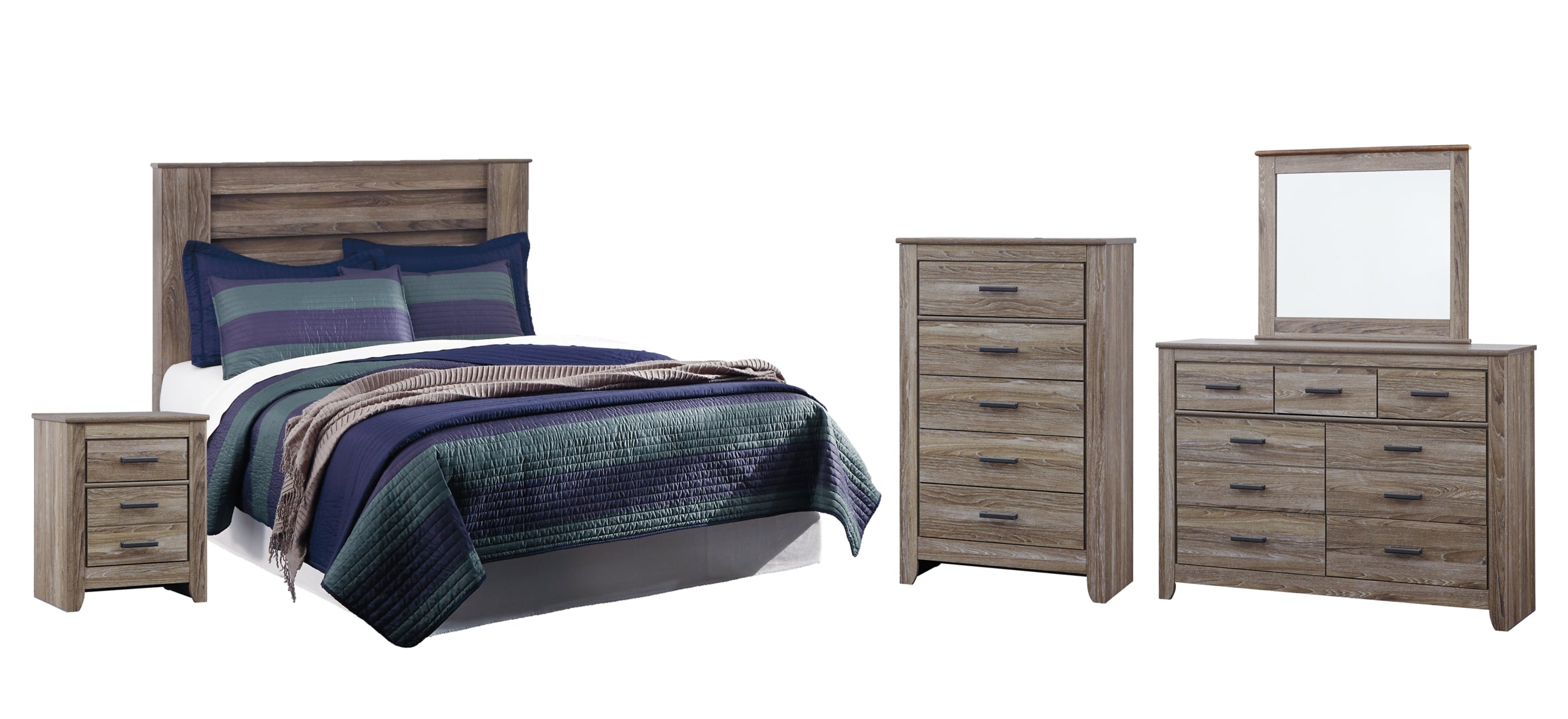 Zelen King/California King Panel Headboard Bed with Mirrored Dresser, Chest and Nightstand