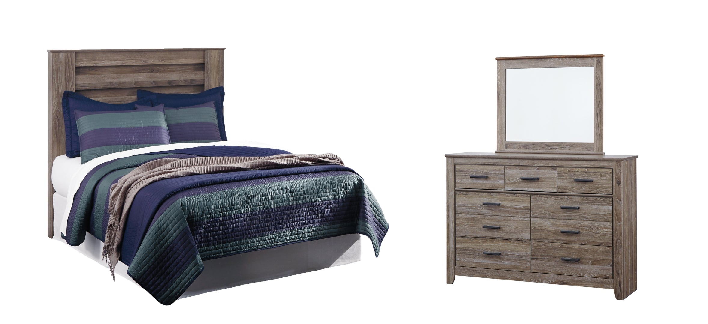 Zelen Full Panel Headboard Bed with Mirrored Dresser