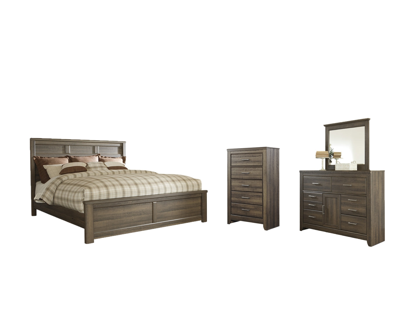 Juararo California King Poster Bed with Mirrored Dresser, Chest and 2 Nightstands