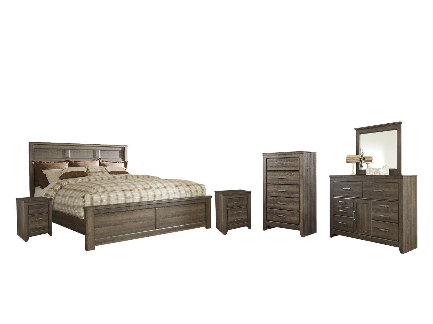 Juararo California King Poster Bed with Mirrored Dresser, Chest and 2 Nightstands