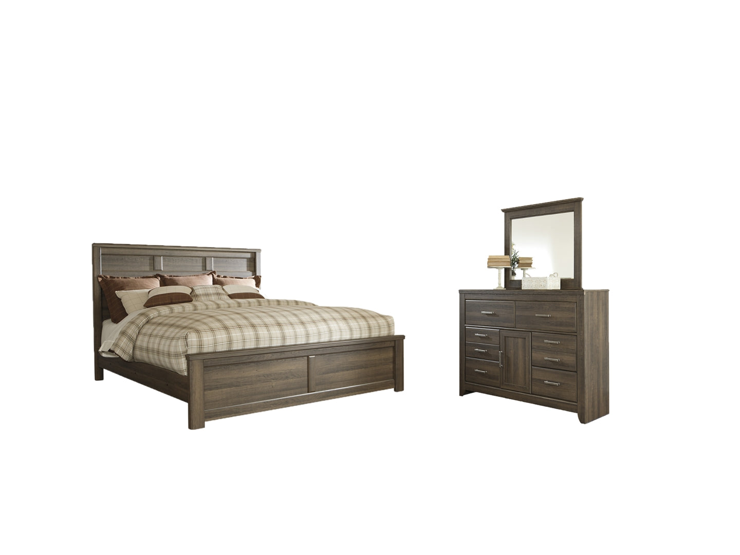 Juararo California King Poster Bed with Mirrored Dresser, Chest and 2 Nightstands