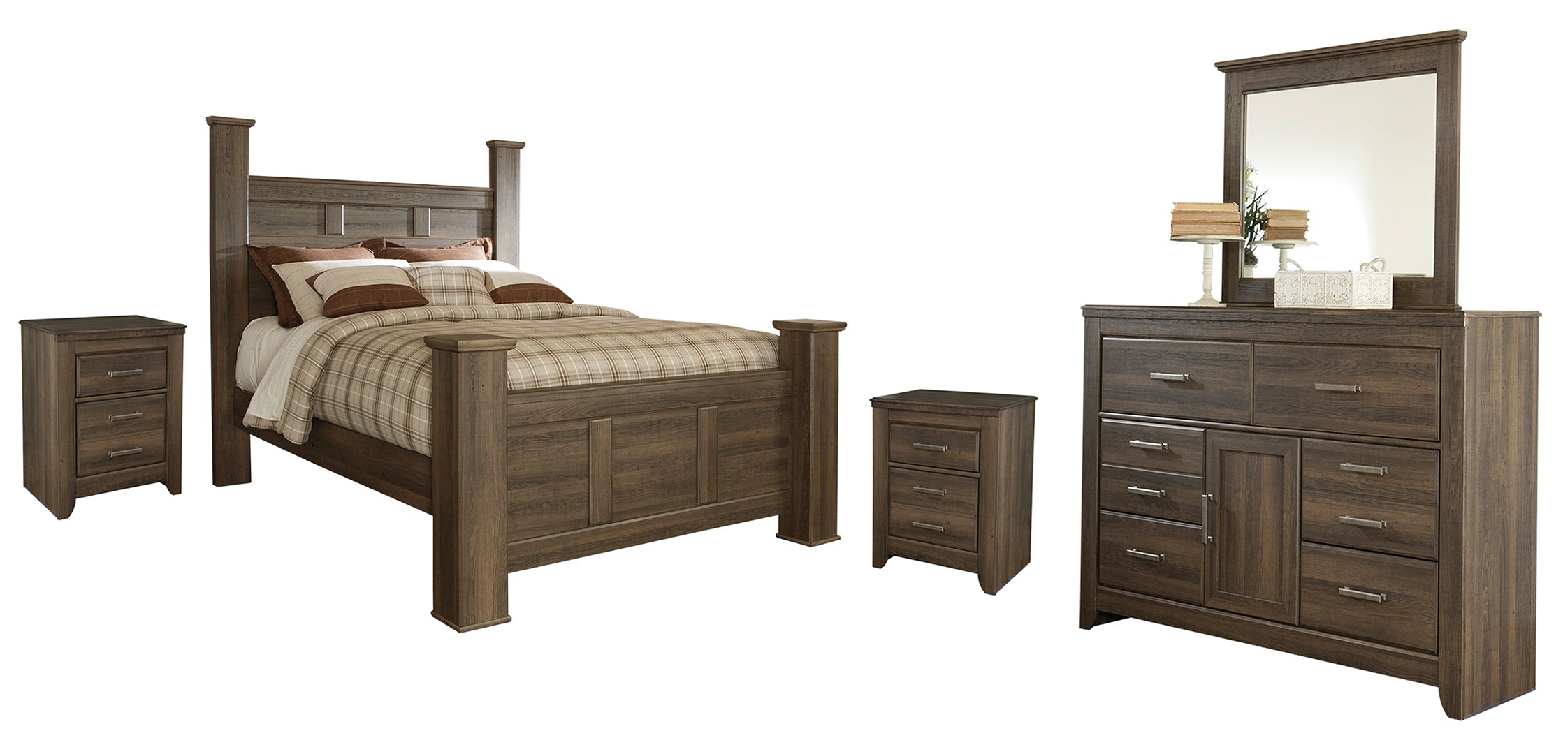 Juararo Queen Poster Bed with Mirrored Dresser and 2 Nightstands