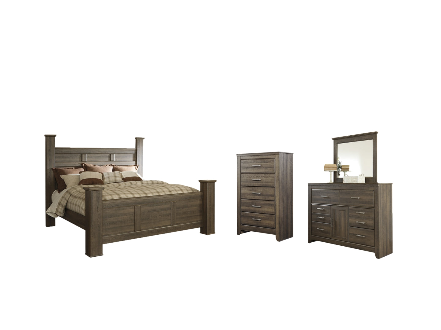 Juararo California King Poster Bed with Mirrored Dresser, Chest and 2 Nightstands