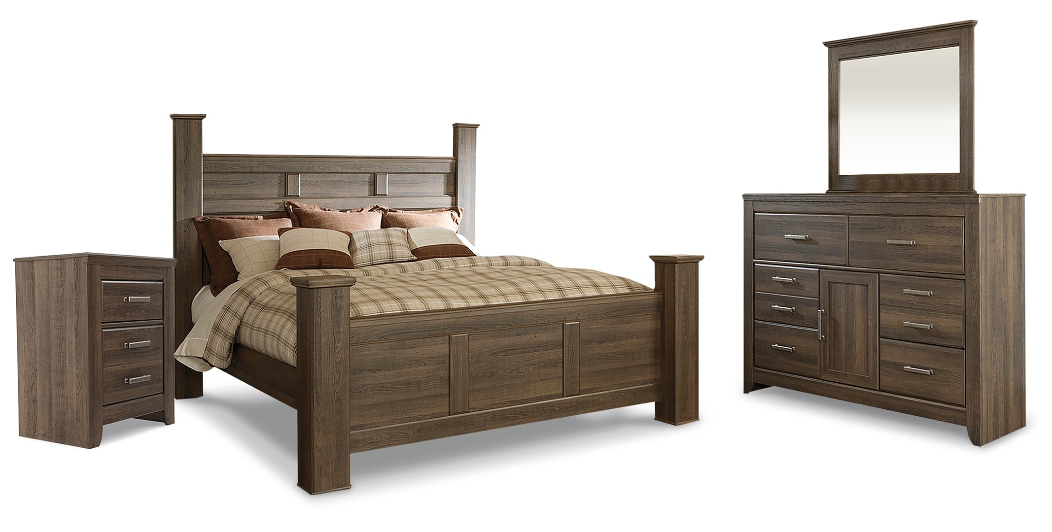 Juararo King Poster Bed with Mirrored Dresser and Nightstand