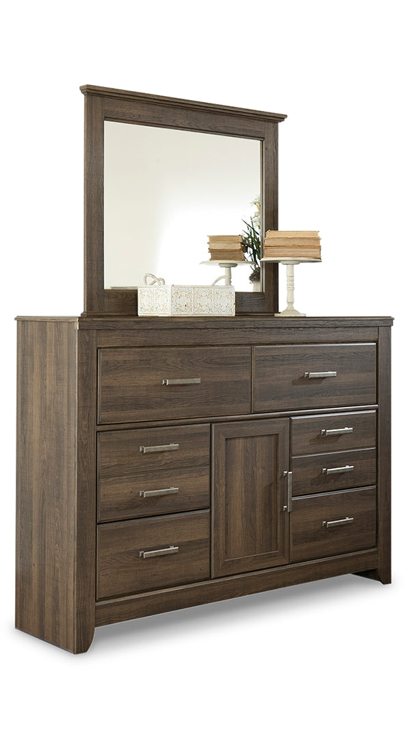 Juararo California King Poster Bed with Mirrored Dresser, Chest and 2 Nightstands