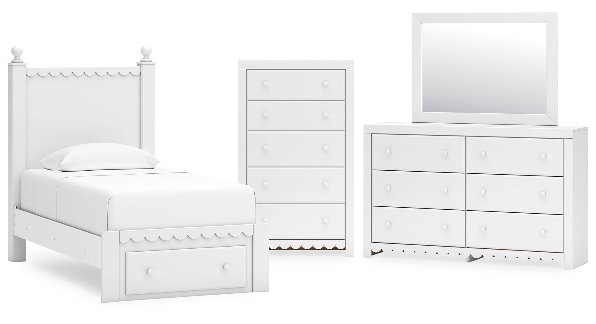 Mollviney Twin Panel Storage Bed with Mirrored Dresser and Chest