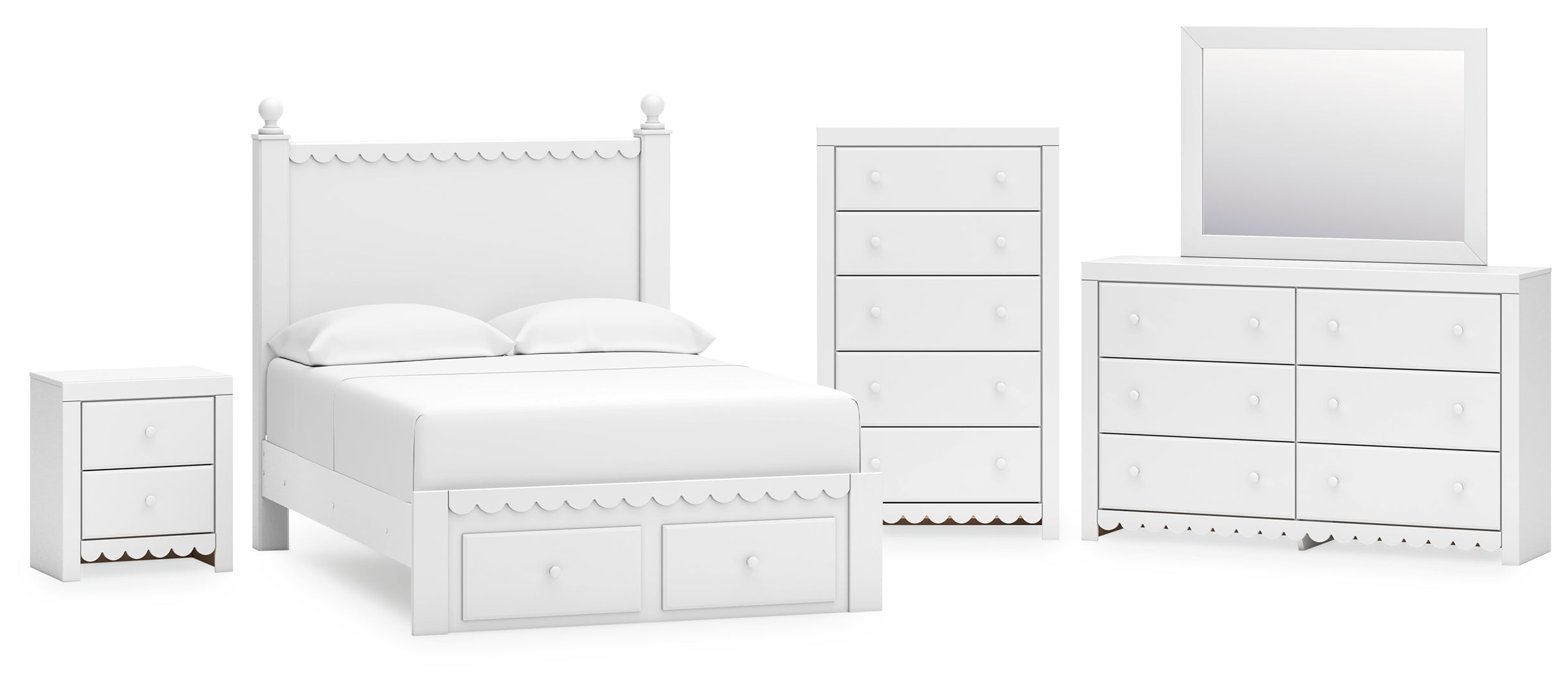 Mollviney Full Panel Storage Bed with Mirrored Dresser, Chest and Nightstand