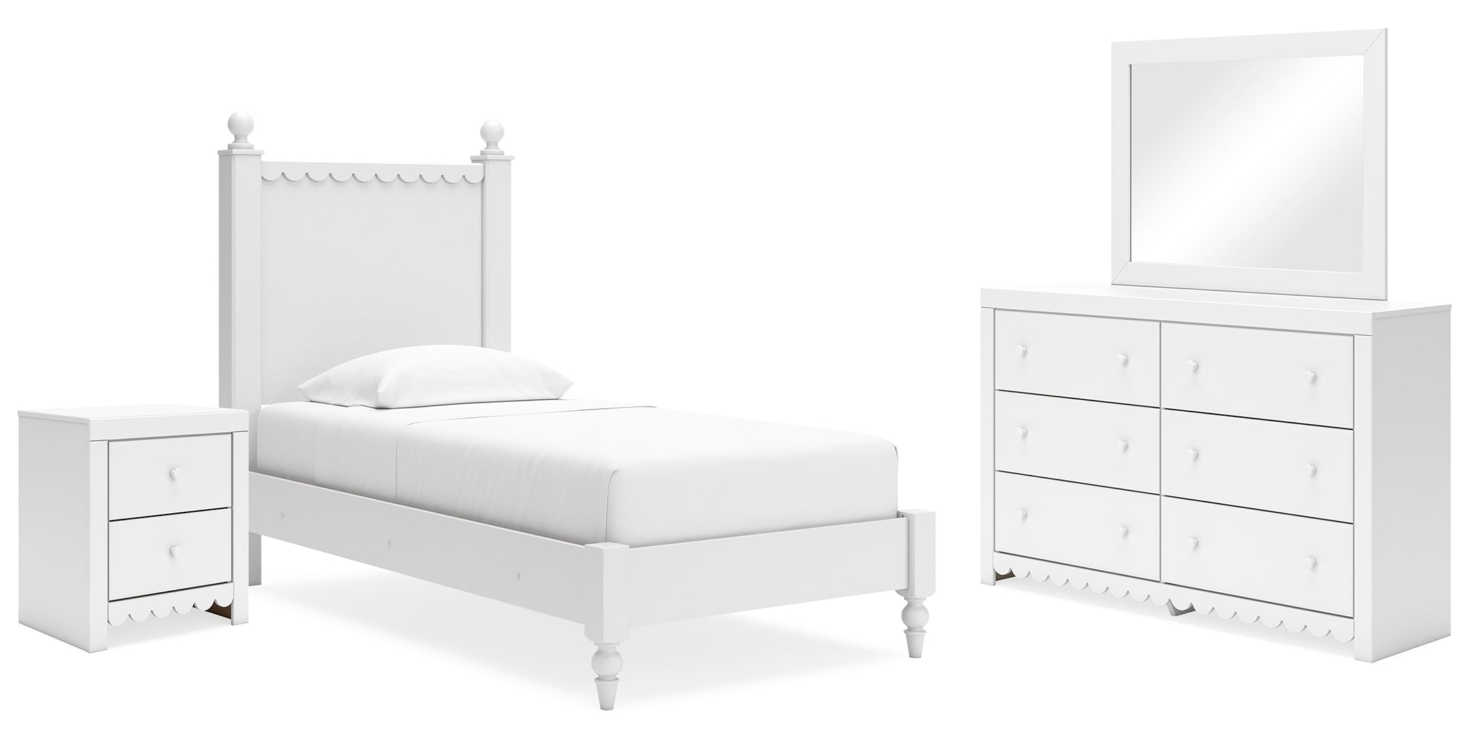 Mollviney Twin Panel Bed with Mirrored Dresser and Nightstand