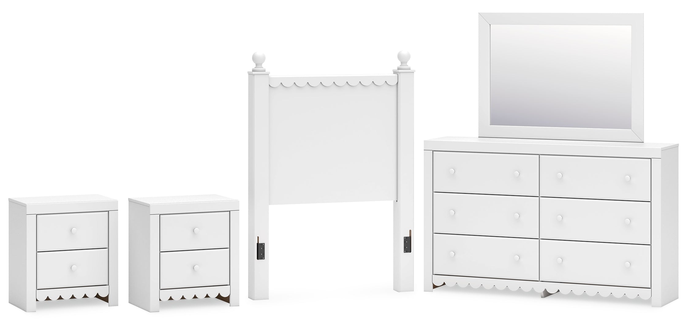 Mollviney Twin Panel Headboard with Mirrored Dresser and 2 Nightstands