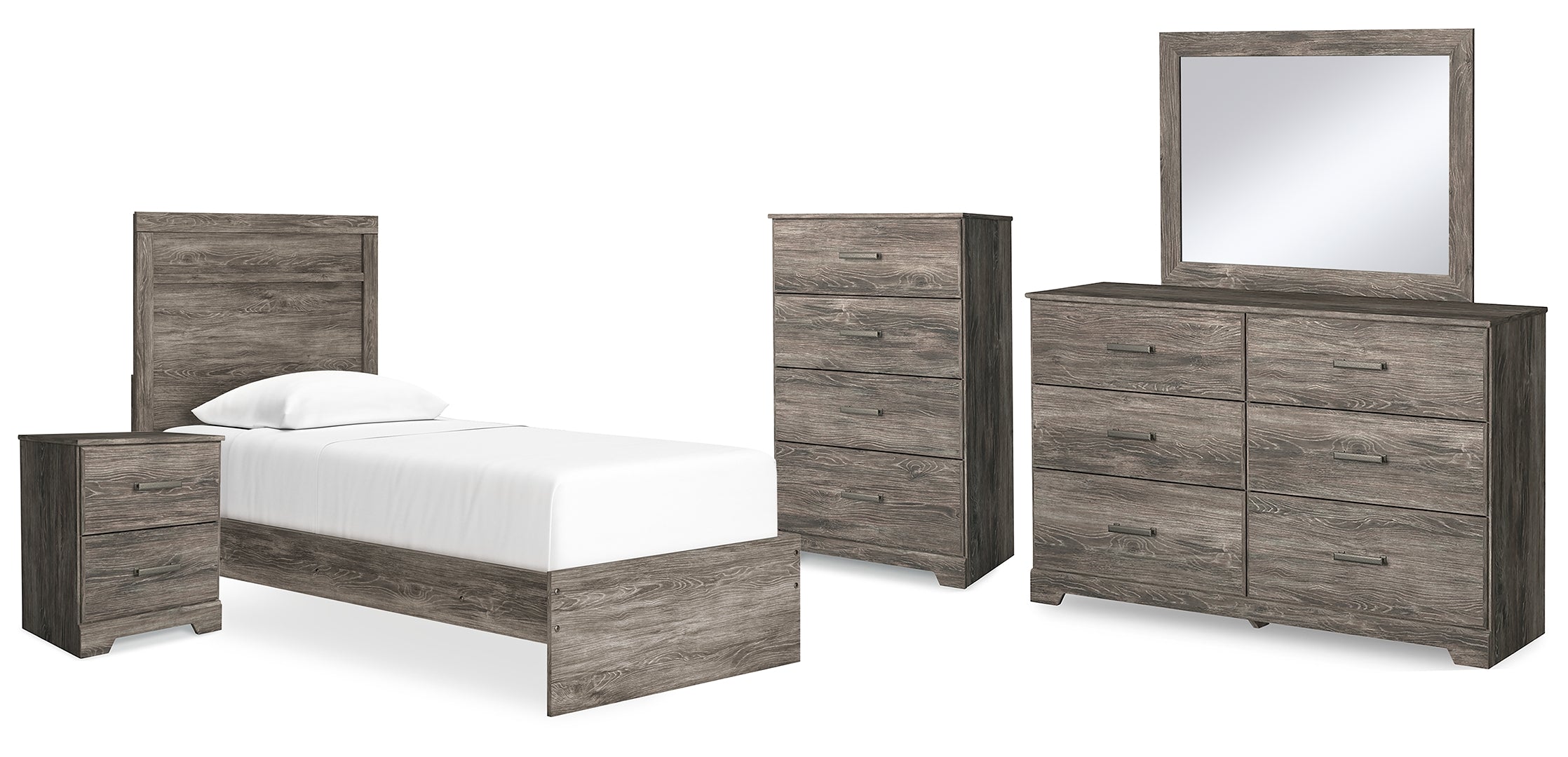 Ralinksi Twin Panel Bed with Mirrored Dresser, Chest and Nightstand