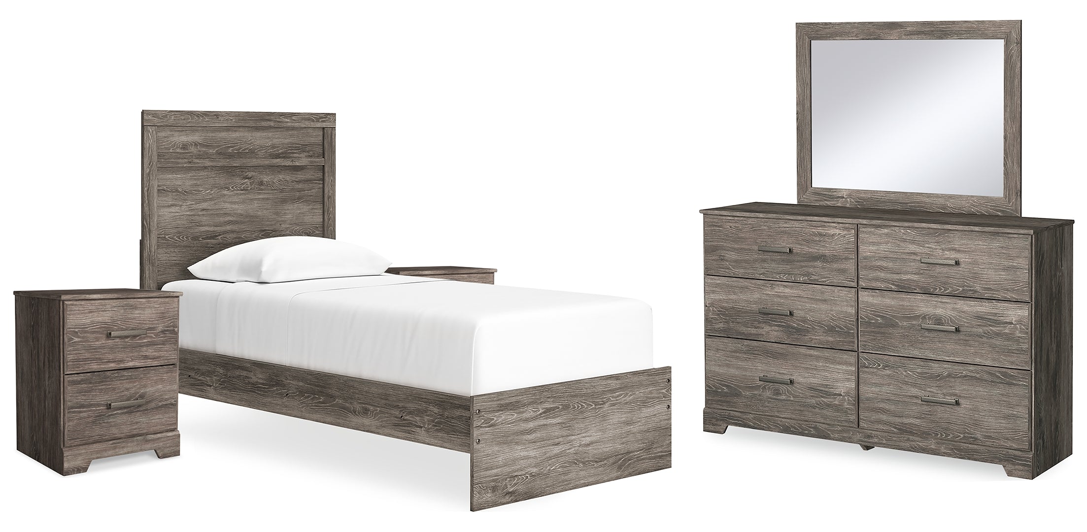 Ralinksi Twin Panel Bed with Mirrored Dresser and 2 Nightstands