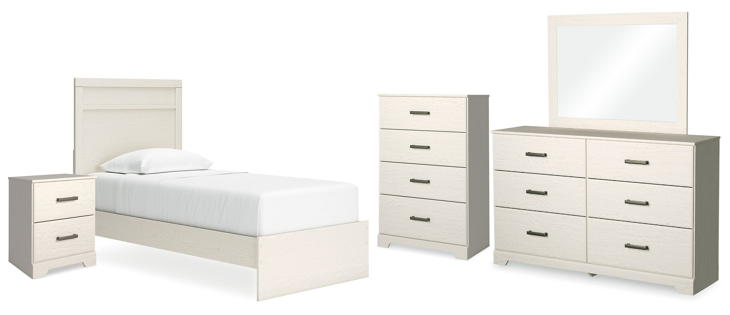 Stelsie Twin Panel Bed with Mirrored Dresser, Chest and Nightstand