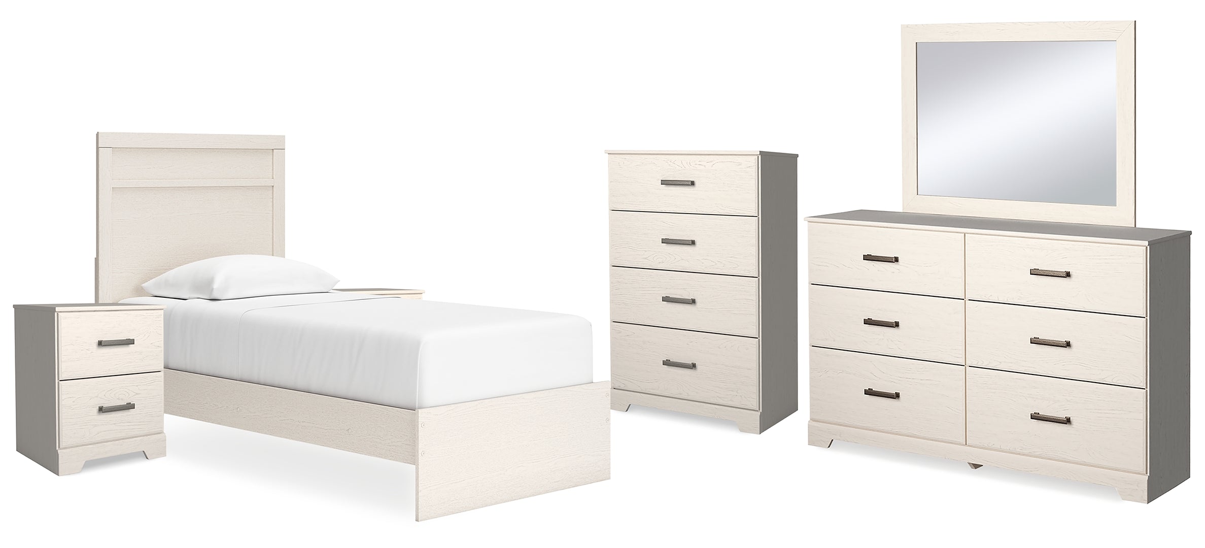 Stelsie Twin Panel Bed with Mirrored Dresser, Chest and 2 Nightstands