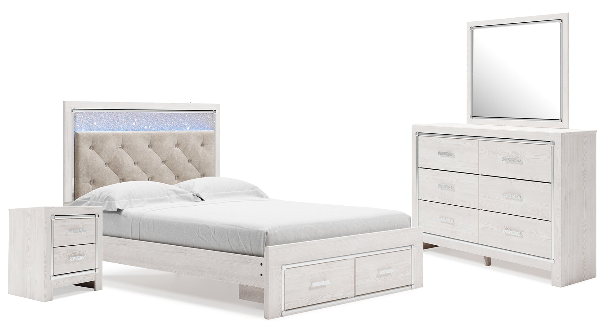 Altyra Queen Upholstered Storage Bed with Mirrored Dresser and Nightstand