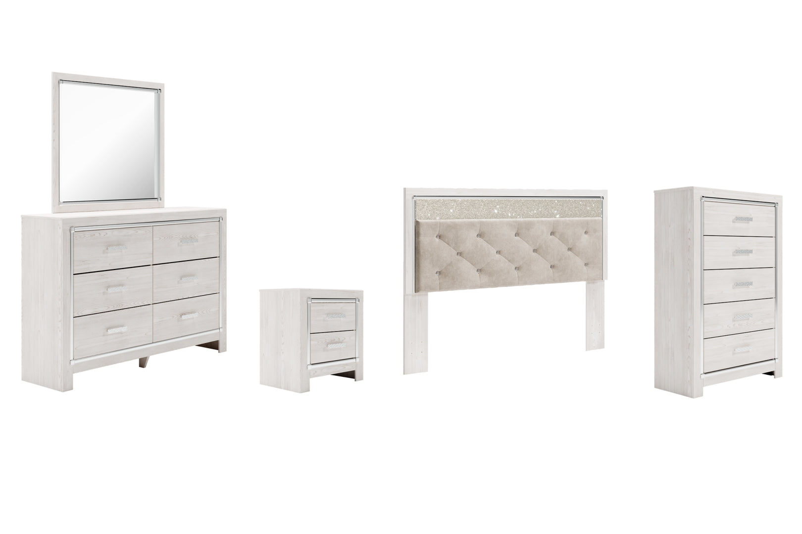 Altyra King Panel Headboard Bed with Mirrored Dresser, Chest and Nightstand