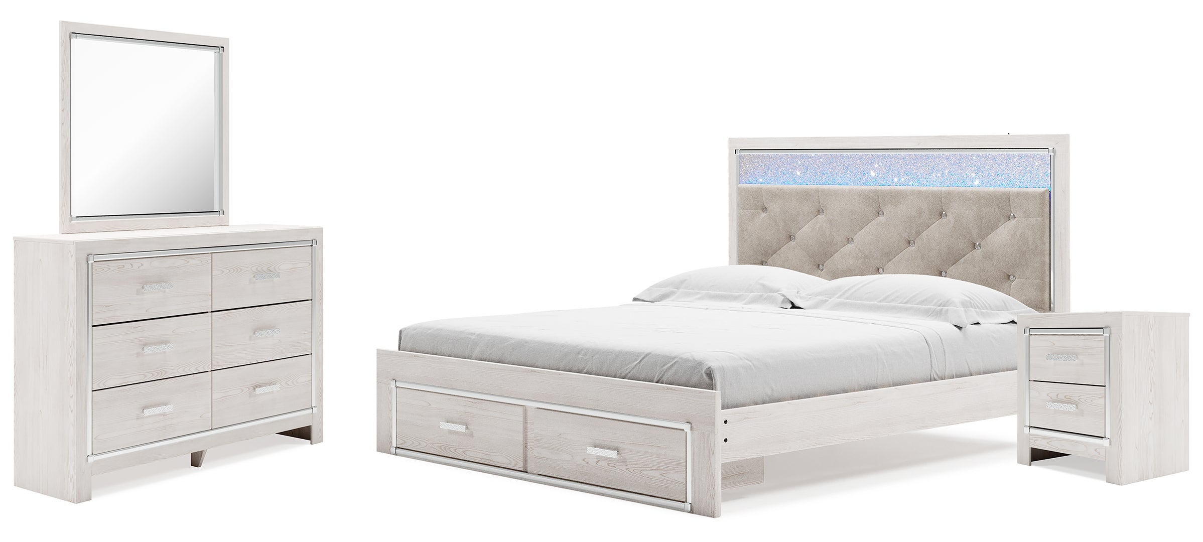 Altyra King Upholstered Storage Bed with Mirrored Dresser and Nightstand