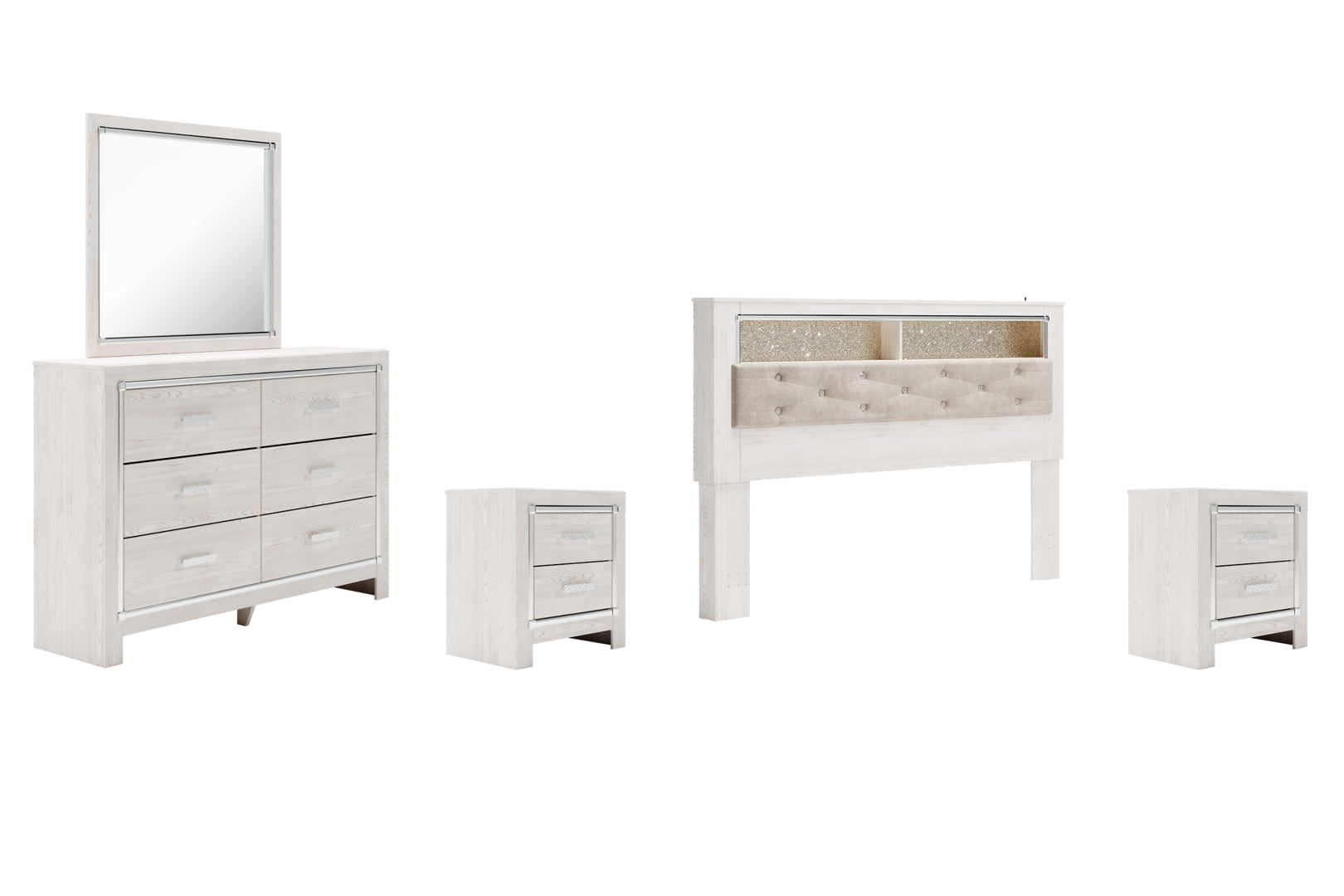 Altyra King Bookcase Headboard Bed with Mirrored Dresser and 2 Nightstands